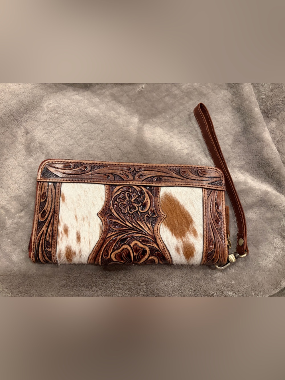 Countryside Co Hand-Tooled Leather & Hair-On Hide Wallet in Brown & White